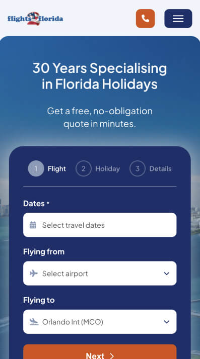 Flights 2 Florida website on mobile - mobile travel website design
