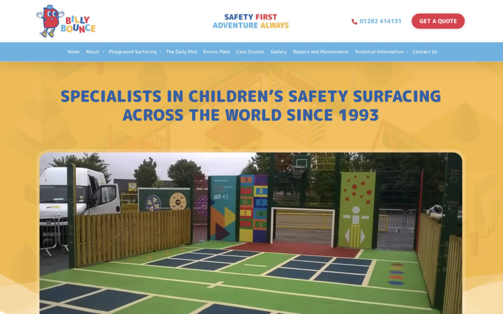 Desktop screenshot of the Billy Bounce homepage hero, 'Specialists in Children's Safety Surfacing Across the World Since 1993'